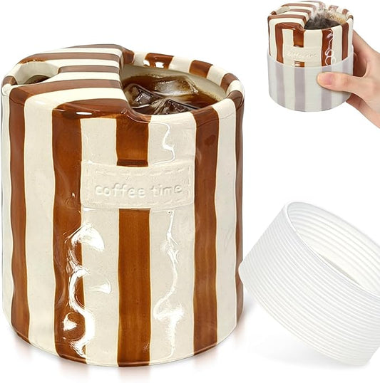 10 oz Ceramic Coffee Mug with Sip Hole & Silicone Sleeve, Brown | Cute Hand-Painted Striped Porcelain, Gift for Coffee Lover, Cold & Hot Drinks, Microwave & Dishwasher Safe by ZLEVEAYN
