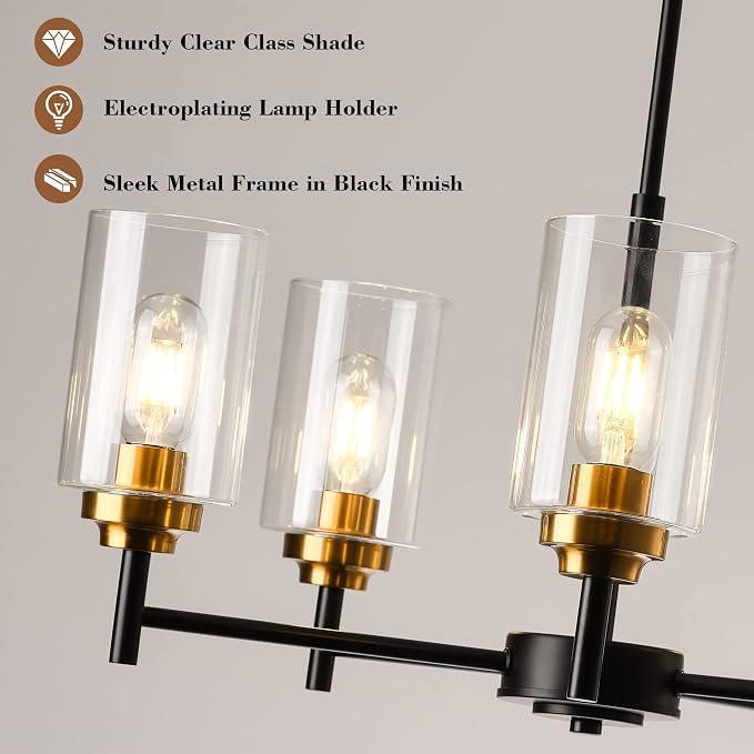 Kitchen Island Lighting - 5 Lights Modern Glass Chandelier for Dining Room, Farmhouse Pendant Light Over Table for Foyer Living Room Bedroom (Black and Gold) - Image 3