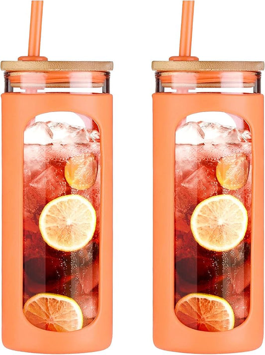 Kodrine 20oz Glass Tumbler with Straw and Lid, Bamboo Lids Water Bottle, Reusable Iced Coffee Cups, Wide Mouth Smoothie Cup with Protective Silicone Sleeve BPA FREE-Orange-2pack