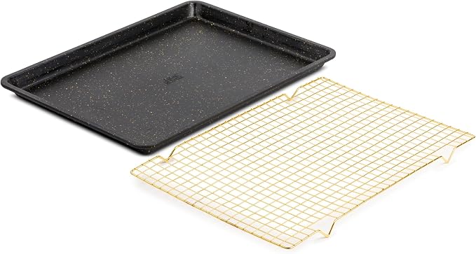 12 x 17 Inch Nonstick Baking Sheet with Wire Cooling Rack Set, Black & Gold Heavy Duty Carbon Steel Bakeware Tray, Oven Safe Easy Clean Pan for Cookies, Pastries & Roasting - Image 3
