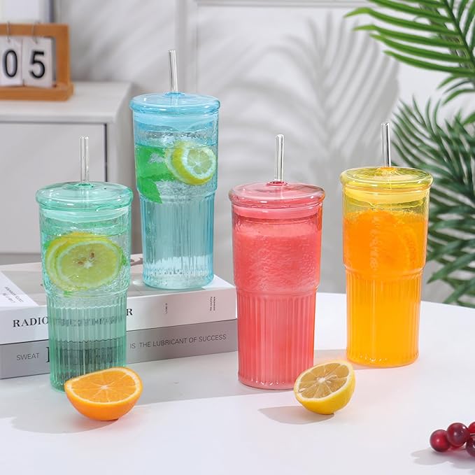 20 OZ Glass Cup with Lids and Glass Straws, High Borosilicate Iced Coffee Glass Tumblers with Lid and Straw for Drinks, 2pcs Reusable Wide Mouth Smoothie Cup(Cyan)