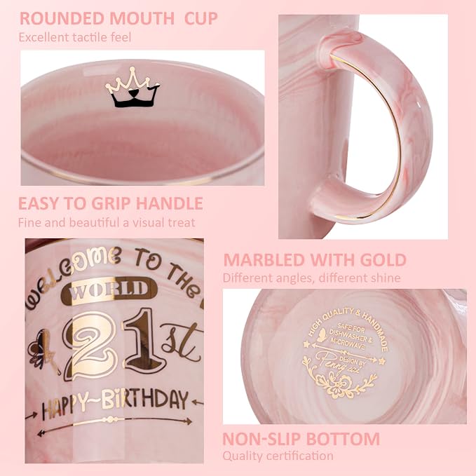 Happy 21st Birthday Gifts for Her - 14oz Pink Marble Coffee Mug with Gold Print, Funny 21 Bday Gift Idea Presents for 21 Year Old Women, Daughters, Girls, Female Friends, with Greeting Card, Gift Box - Image 4