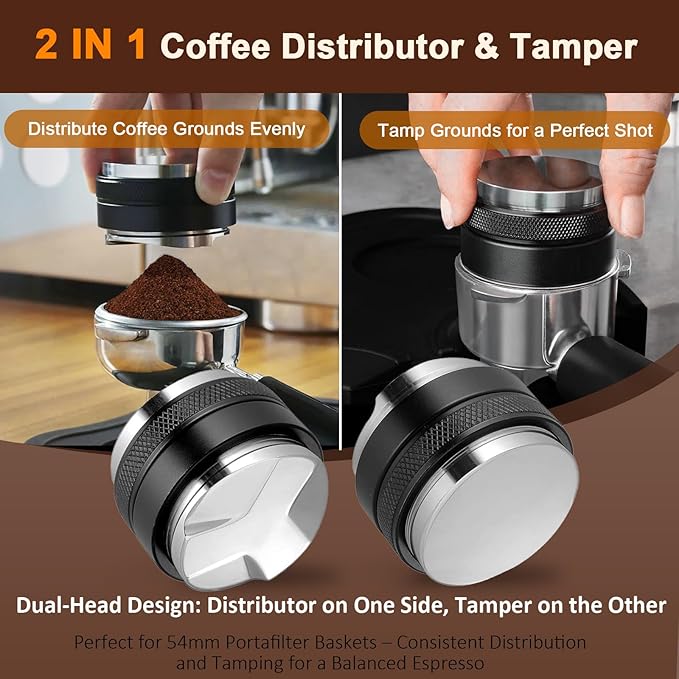 53mm Adjustable Coffee Distributor & Tamper, Dual Head Coffee Leveler, Compatible with 54mm Breville Portafilter, 2-in-1 Espresso Hand Tamper with Adjustable Depth