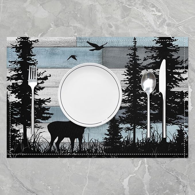 Feelyou Rustic Deer Placemats Set of 4 Western Farmhouse Table Mats for Party Kitchen Dining Decoration Cabin Country Lodge Down Place Mat for Table Holiday Decor Indoor Outdoor 18"x12" Non-Slip - Image 2