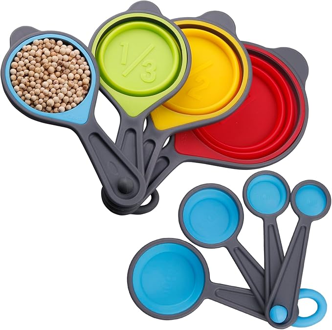 Measuring Cups and Spoons Set of 8, Silicone Collapsible Measuring Cups and Spoons for Baking&Kitchen, Engraved Metric/US Markings for Liquid&Dry Measuring, Space Saving, BPA Free, Colorful