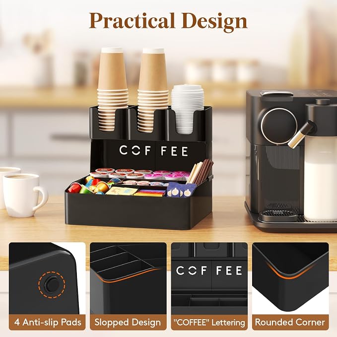 Lifewit 2-tier Coffee Station Organizer Caddy for Countertop, 10 Compartments Coffee Bar Organizers for Cups, Pods, Sugar, Compact Condiment Holders Storage for Office Breakroom Kitchen Home Black - Image 5