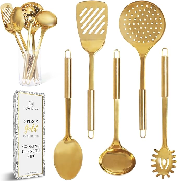 Styled Settings Gold Cooking Utensils Set, 5-Piece | Stainless Steel Kitchen Tools for Modern Cooking and Serving - Ladle, Spoon, Spatula, Pasta Fork - Brass Kitchen Accessories by STYLEDSETTINGS