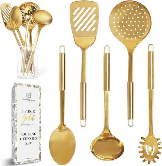Styled Settings Gold Cooking Utensils Set, 5-Piece | Stainless Steel Kitchen Tools for Modern Cooking and Serving - Ladle, Spoon, Spatula, Pasta Fork - Brass Kitchen Accessories by STYLEDSETTINGS