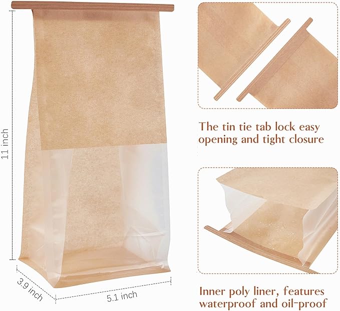 Ocmoiy Bakery Bags with Window, 5.1 x 3.9 x 11 Inches, 100 Pack | Tin Tie Tab Lock, Bread Storage Bag, Clear Front Snack Bags, For Packaging Cookies, Loaf, Popcorn, Paper Treat Bags - Image 2