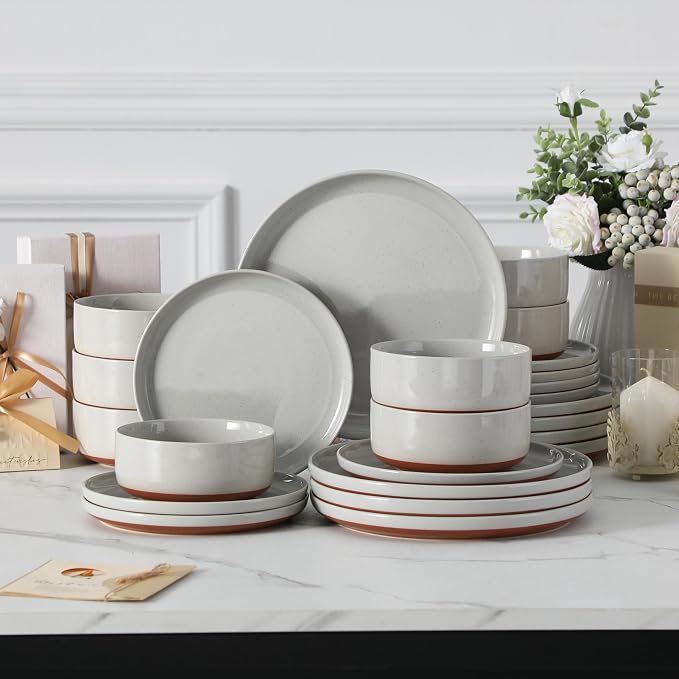 MALACASA Plates and Bowls Sets, 24 Pieces Modern Ceramic Dinnerware Set for 8 Kitchen Dinner Set Stoneware Dishware Dishes Set Microwave and Dishwasher Safe, Grey, Series TARA - Image 9