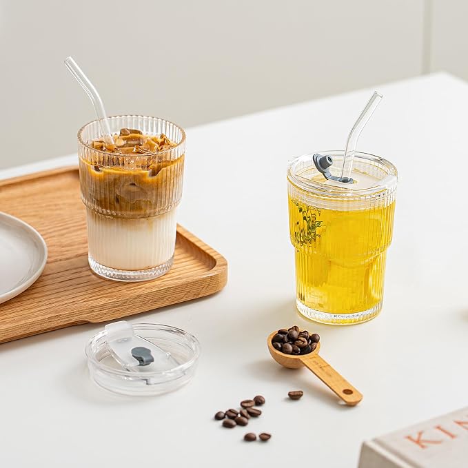 SoulTimes 13oz Ribbed Glass Tumbler with Lid and Straw – Iced Coffee Glasses Cups for Smoothie, Matcha, Juice, Water etc. Leakproof and Reusable Glassware Drinking for Travel To Go 【2 Pack】 - Image 2