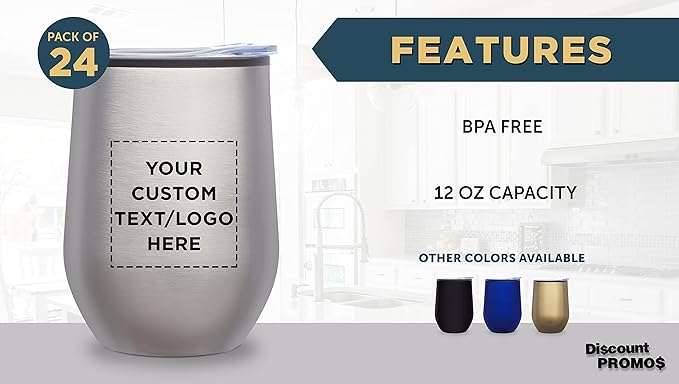 Custom Stemless Wine Tumblers 12 oz. Set of 24, Personalized Bulk Pack - Insulated, Perfect for Wine, Cocktails, Other Hot & Cold Beverages - Silver