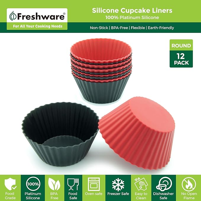 Freshware Cupcake Liners, Pack of 12 Silicone Muffin Cups, Baking Cups, Reusable & Non-stick Cupcake Liners for Party Halloween Christmas, Round