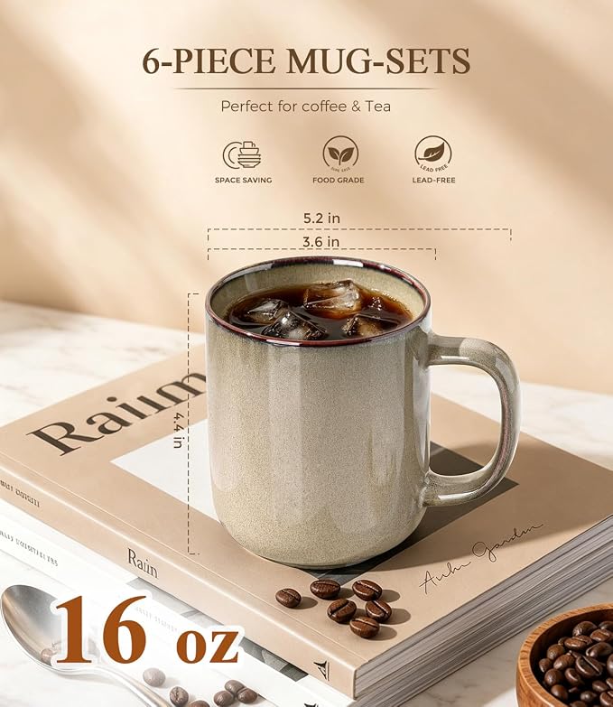 GBhome Large Coffee Mugs Set of 6, 16oz Handmade Coffee Mugs Set with Large Handle for Cappuccino/Latte/Tea/Hot Cocoa, Dishwasher & Microwave Safe-Oatmeal - Image 2