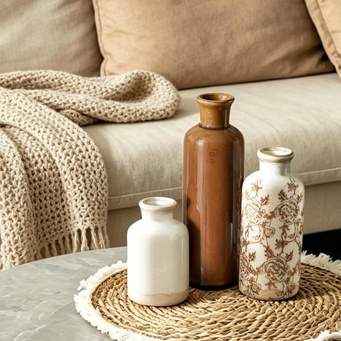 Vintage Vase Set of 3, Ceramic Vintage Flower Vases, Chinoiserie Decorative Home Decor Retro Floral Vase Rustic Farmhouse Decor for Table Bookshelf Mantel Kitchen Living Room Office - Brown - Image 5
