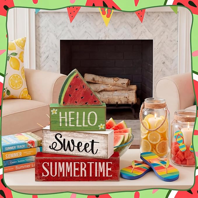 Moucuny 4 Pcs Summer Wooden Table Decor Watermelon Tiered Tray Decor Farmhouse Table Decoration Hello Sweet Watermelon Book Block Summer Decoration for Home Office Kitchen Mantel Shelf - Image 6