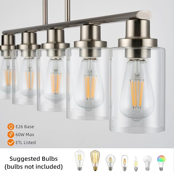 Kitchen Island Pendant Lighting, 5-Light Farmhouse Dining Room Light Fixture Over Table, Brushed Nickel Finish with Clear Glass Shade, Rustic Industrial Linear Chandelier for Kitchen Island - Image 5