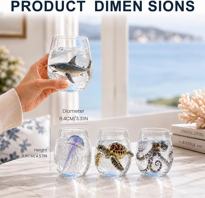 Coastal Stemless Wine Glasses Set of 4, 12oz 3D Ocean Animal Artisan Glassware Collection with Unique Sea Life Designs (M - Set of 4) - Image 3