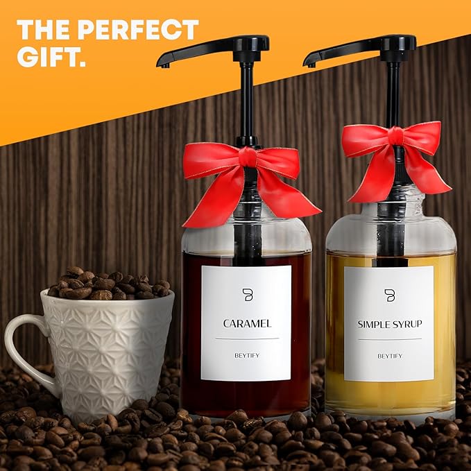 BEYTIFY Coffee Syrup Dispenser Set | Glass Syrup Bottles with Pump Tops & 12 Labels | Refillable Leak-Proof Dispensers for Coffee Bar, Vanilla Caramel Hazelnut Syrups | Clear Glass, 2 Pack (16.9oz/500ml)