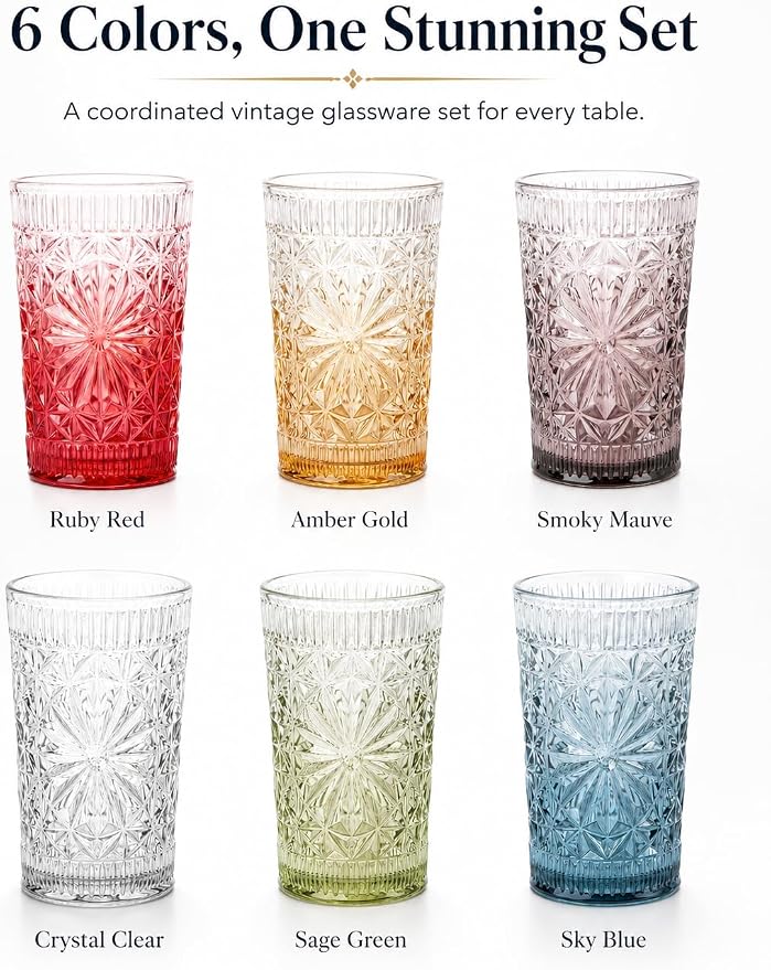 Colored Vintage Drinking Glasses Set of 6, 13 oz Gradient Embossed Highball Glasses, Textured Glass Cups Tumblers for Water, Iced Coffee, Juice & Cocktails, Dishwasher Safe(Dahlia style) - Image 5