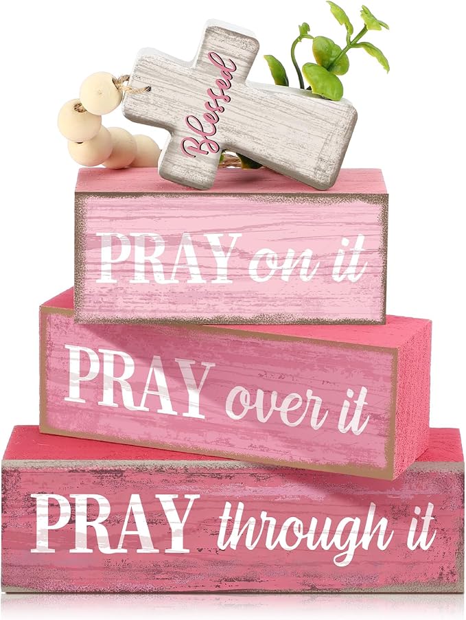 Moucuny 4 Pcs Pink Christian Table Decor Cross Wooden Bible Verse Sign Religious Pink Pray Block Signs Gifts with Beaded Garland Tassel Artificial Plant Farmhouse Christian Home Decor for Office Shelf by Moucuny