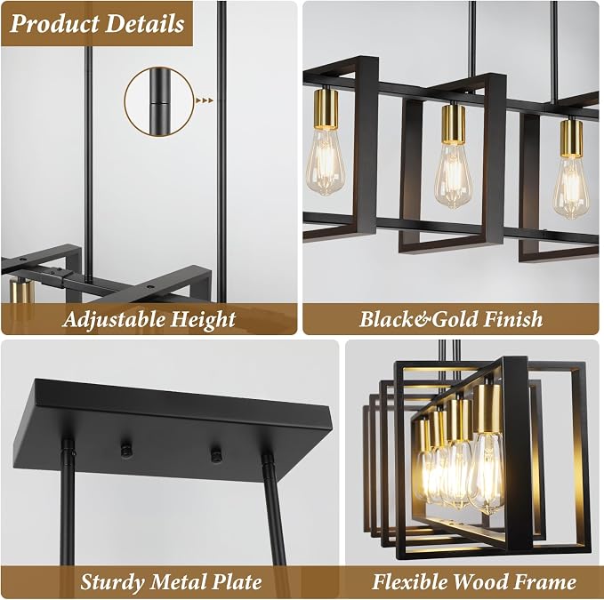4-Light Dining Room Light Fixture, 53’’ Farmhouse Wood Chandelier Kitchen Island Lighting Over Table, Modern Black Gold Rectangular Hanging Pendant Light Fixture for Living Room, E26 Sockets - Image 7