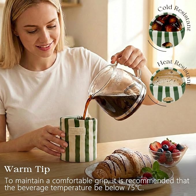 Ceramic Coffee Mug with Lid, Ceramic Travel Mug with Straw Hole, 12oz Retro Striped To Go Coffee Mug for Hot & Cold Drinks, Microwave & Dishwasher Safe，Green - Image 2