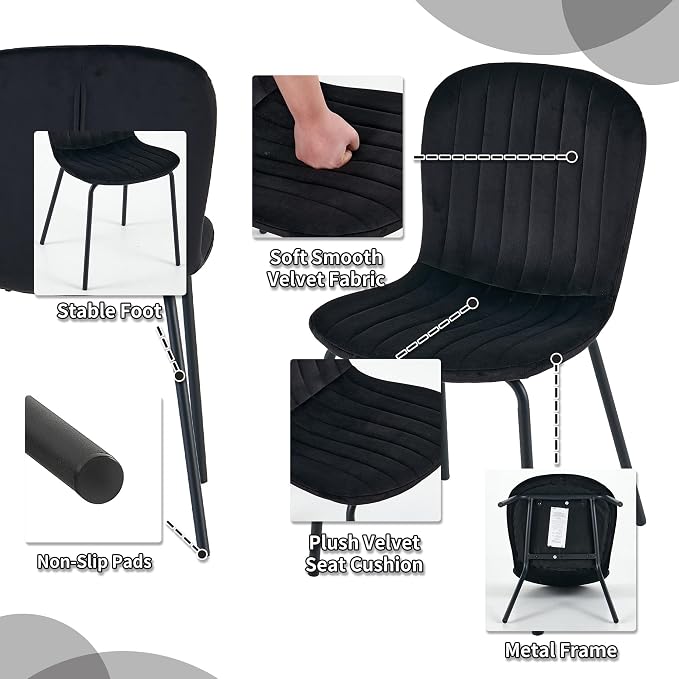 Black Velvet Dining Chairs Set of 4, Modern Kitchen Chairs with Metal Legs, Space-Saving Small Armless Dining Chairs for Dining Living Room Apartment Restaurant - Image 3