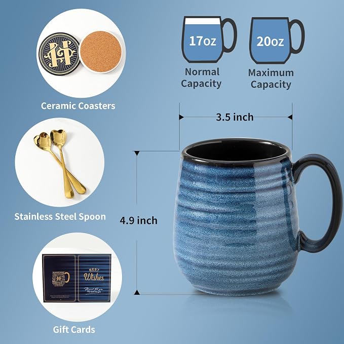 HASENSE Coffee Mugs Gift Set, 20 oz Ceramic Coffee Cups for Men and Women, Premium Large Tea Cups Gift Box with Coaster & Gold Spoon, Blue Couple Mugs for Wedding Holiday - Image 5