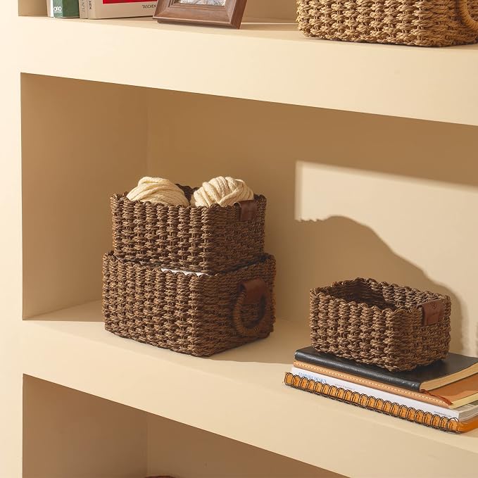 LA JOLIE MUSE Small Wicker Baskets for Organizing, Brown 3 Pack | Decorative Organizer with Vegan Leather Tag, Round Handle, Storage Baskets for Shelves, Bedroom, Kitchen, Office and Home - Image 2