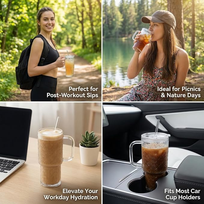 20 oz Glass Tumbler with Lid and Straw, Glass Iced Coffee Cups, Spill-proof Glasses Tumbler with Handle, Glasses Drinking Set of 2, Vintage Glassware for Cocktail, Juice, Smoothies - Image 5