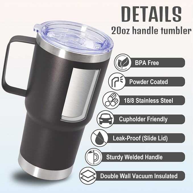 20 oz Tumbler with Handle and Lid Insulated Travel Coffee Mug Grey 1P | Stainless Steel Tumbler, coffee tumbler with handle,Spill Proof Double Wall Vacuum Tumbler Cup Keep Drink Hot & Cold - Image 3