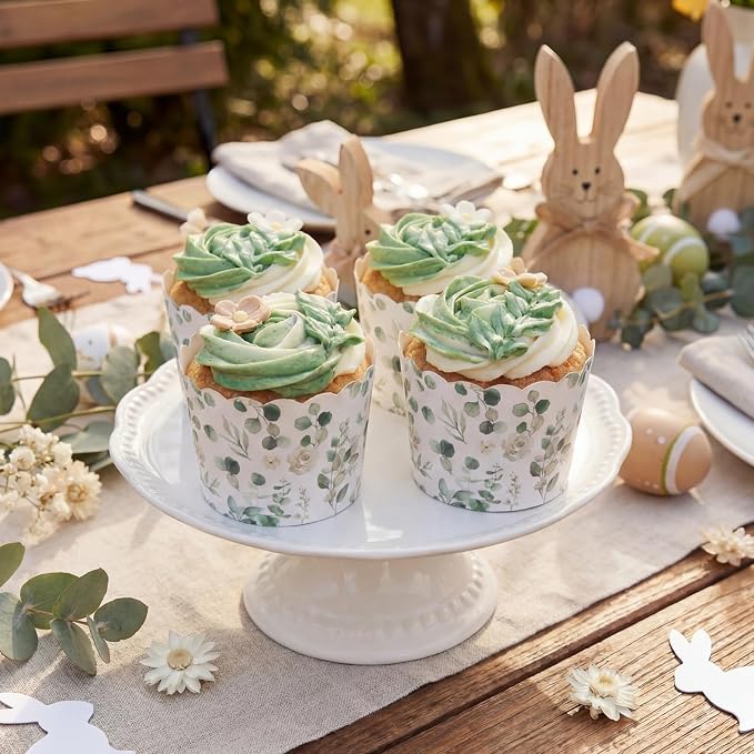 Qinyoung 150 Pcs Green Eucalyptus Leaf Paper Baking Cups Greaseproof Disposable Cottagecore Cupcake Liner Greenery Cupcake Muffin Case for Spring Summer Wedding Bridal Baby Shower Birthday Party Decor - Image 4