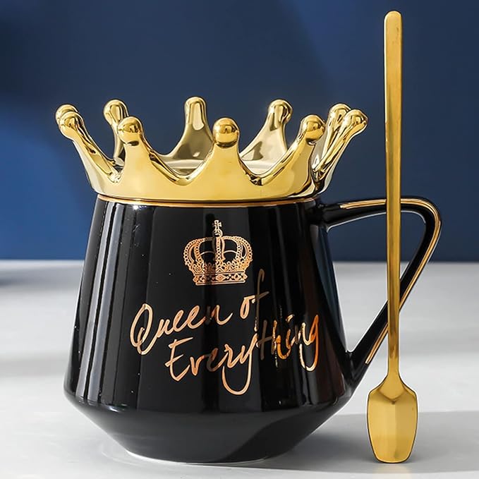 Arawat Queen of Everything Mug with Lid Sweet Black Mug with Crown Coffee 12 oz Mug Gift with Spoon & Coaster Ceramic Tea Mug Birthday Gift for Women Mom Girlfriend Valentine's Day Gifts for Women Man - Image 5