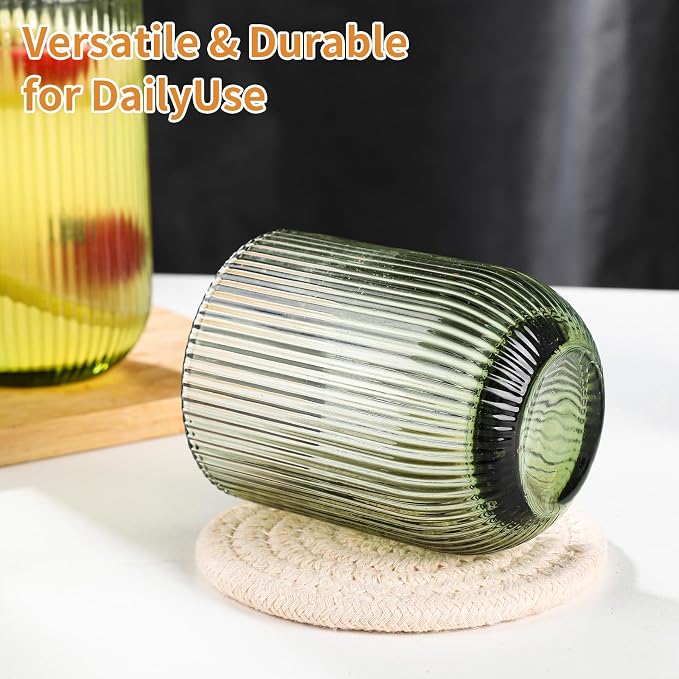 Set of 8 Ribbed Glassware,4 Highball Glasses 14oz & 4 Rocks Drinking Glasses 9oz, Green, Origami Style, Fluted Design, for Milk, Water, Cocktail, Juice, Beer, ToothBrush Cup, Gift - Image 2