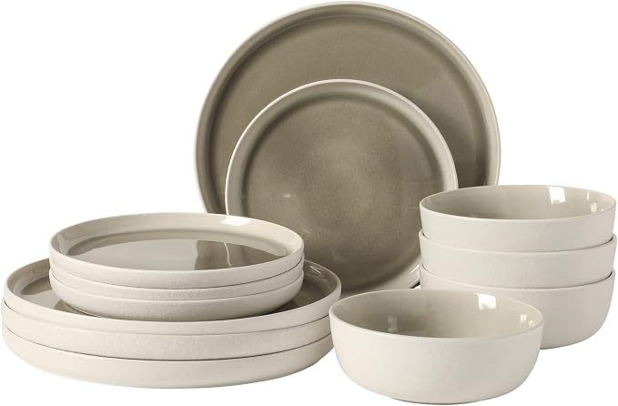 Gibson Elite Tahoe Sunset 12-Piece Reactive Stoneware Dinnerware Set – Matte Exterior & Shiny Interior Plates and Bowls, Durable Everyday Dish Set, Microwave & Dishwasher Safe - Grey by GibsonHomewares