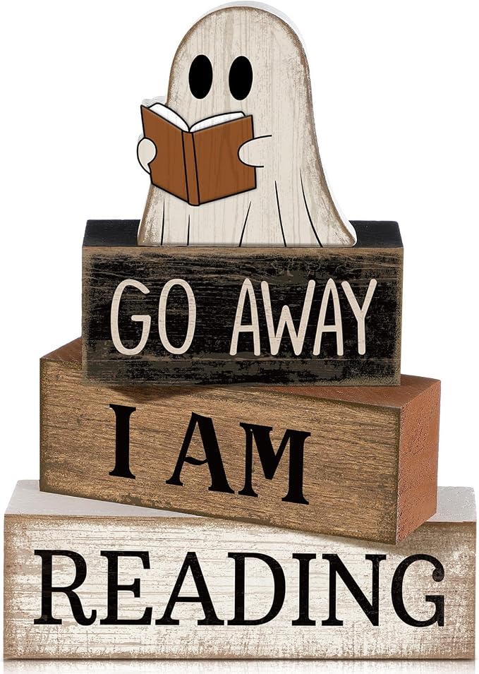 Moucuny 4 Pcs Halloween Table Decoration Wooden Ghost Reading Stacked Block Decor, "Go Away I Am Reading" Sign, Rustic Ghost Centerpiece Book Lover Halloween Tiered Tray Decor for Home Office Library by Moucuny