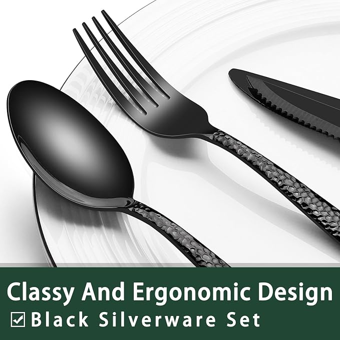 EWFEN 24-Piece Black Silverware Set with Steak Knives, Black Flatware Set for 4, Food-Grade Stainless Steel Tableware Cutlery Set, Mirror Finished Utensil Sets for Home Restaurant, Wave Hammered - Image 3