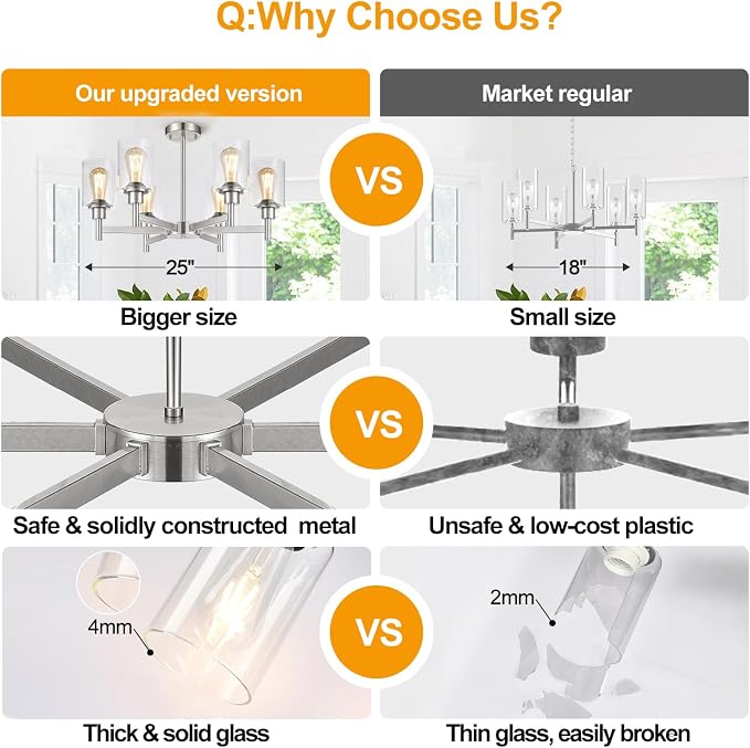 Brushed Nickel Chandeliers, 6 Light Farmhouse Chandelier for Dining Room Light Fixtures Over Table, Hanging Light Fixture with Clear Glass Shade for Kitchen Island Living Room, Height Adjustable - Image 3