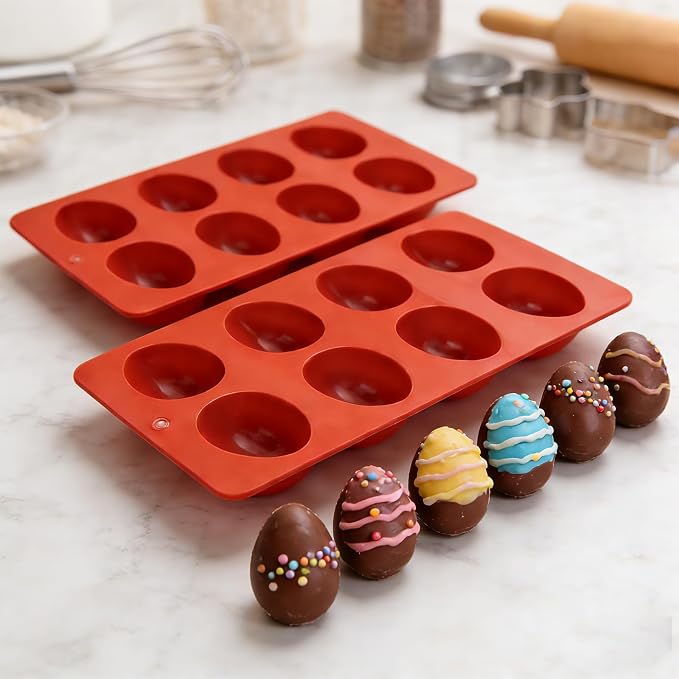2 Pack Silicone Egg Molds 8 Cavity Easter Silicone Candy Mold 3D Egg-Shaped Silicone Baking Mold for Chocolate, Jello, Mini Cakes, DIY Desserts, Candy, Ice, Pudding, Baking (2, Brick Red) - Image 4