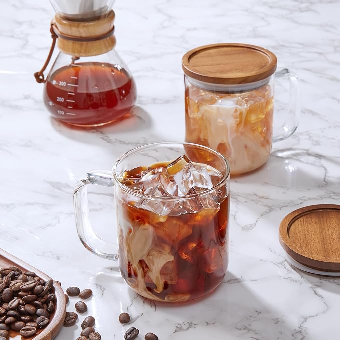 DRASTAR Glass Coffee Mugs,Clear Coffee Cups, Coffee Mug with Acacia Wood Lid, Tea Glass Cups with Handles, Large Coffee Mug Set of 2, Glass Coffee Cups for Latte, Espresso, Tea (2, 16 oz) - Image 4