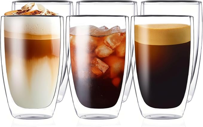 MESNEY 17oz Double Walled Glass Coffee Mugs, Glass Coffee Mugs Set of 6, Insulated Clear Cappuccino Latte Mugs for Home, Cafe & Restaurant, Durable Stackable Drinking Glasses by MESNEY