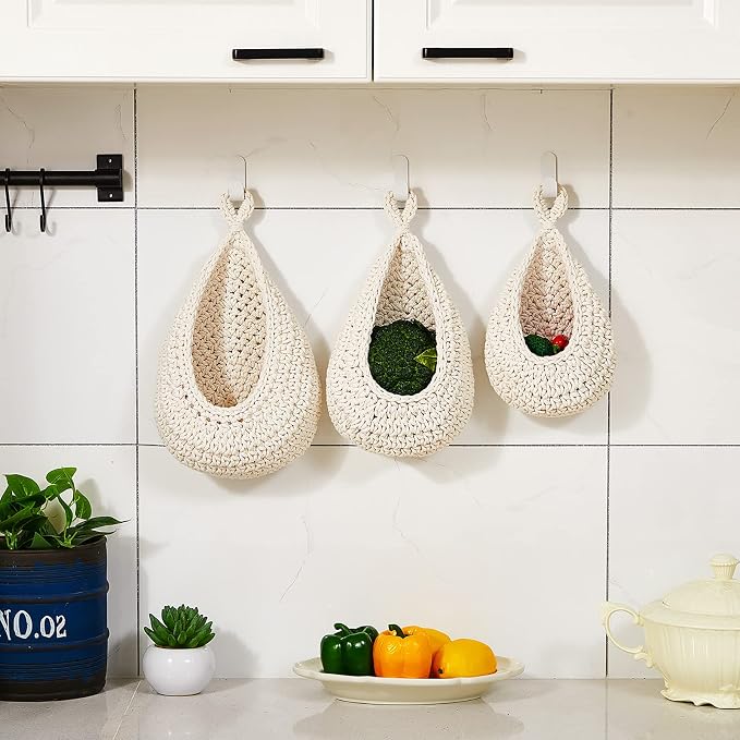 Honeydak Boho Decor Hanging Wall Baskets for Kitchen 3 Pack Teardrop Baskets with Hooks Storage Fruit Onion Vegetable Potato for Home 3 Sizes(White,Teardrop,Cotton Rope) - Image 5