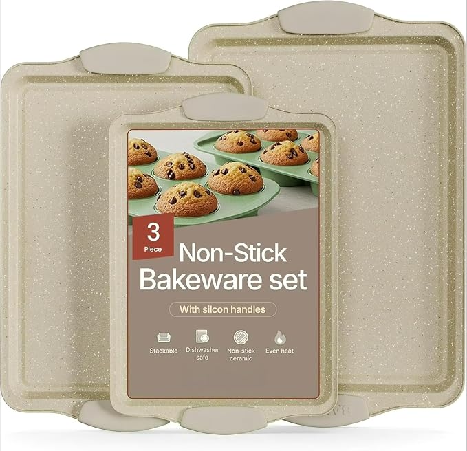 Set of 3 Nonstick Carbon Steel Baking Sheet Pans, White Marble Finish Oven Safe Bakeware Trays, Dishwasher Safe Stackable Easy Clean for Cookies, Pastries & Roasting by Unknown