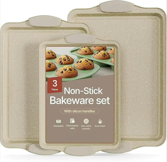 Set of 3 Nonstick Carbon Steel Baking Sheet Pans, White Marble Finish Oven Safe Bakeware Trays, Dishwasher Safe Stackable Easy Clean for Cookies, Pastries & Roasting by Unknown