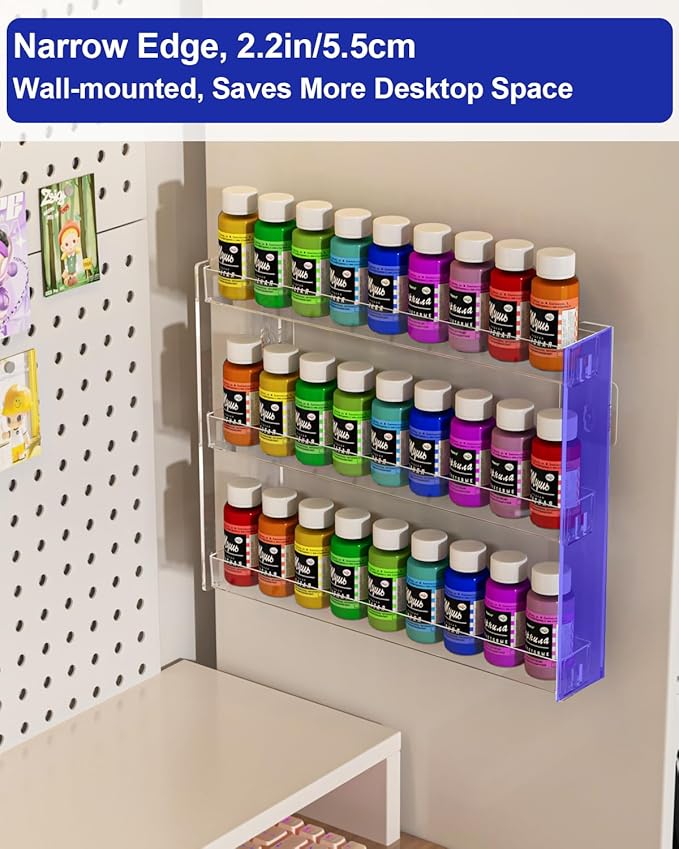 3 Tier Display Rack, Clear Paint Rack Wall-Mount (No Drill), Acrylic Craft Paint Storage Organizer, Miniature Holder for 2oz Bottle, Nail Polish Organizer, Badges, Mini Figures (1)