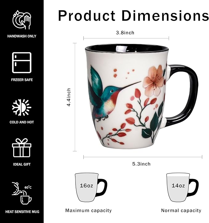 Hummingbird Coffee Mugs for Women - 16oz Ceramic Heat Reveal Cup, Floral Bird Coffee Mugs for Home Office, Hummingbird Gifts for Mothers' Day Birthday - Image 3