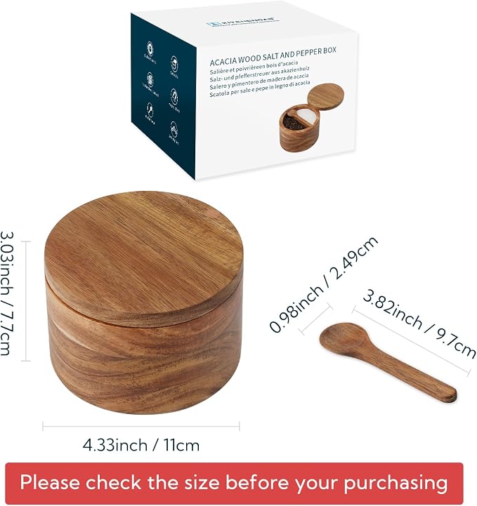 KITCHENDAO Acacia Wood Salt and Pepper Bowl Box, Built-in Spoon, Two Compartments Spice Seasoning Container, Sea Salt Cellar Holder, Magnetic Swivel Lid, Dual 5oz Capacity - Image 6