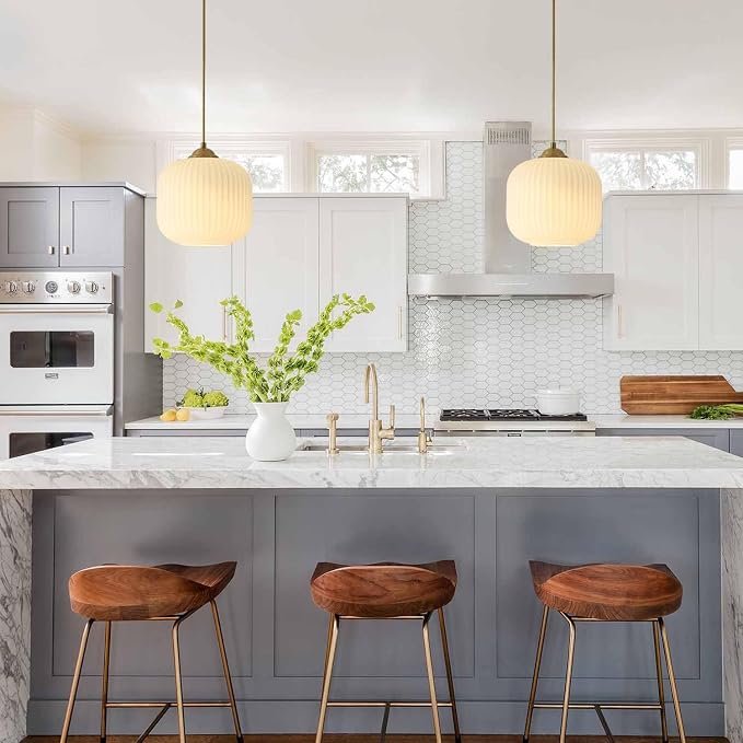 KCO Lighting Modern Brass Gold 7.9” Ribbed White Milk Glass Pendant Light | Adjustable Cord, E26 Small Mid Century Modern Hanging Light for Sloped Ceiling Kitchen Island Dining Room Bedroom Entryway - Image 7