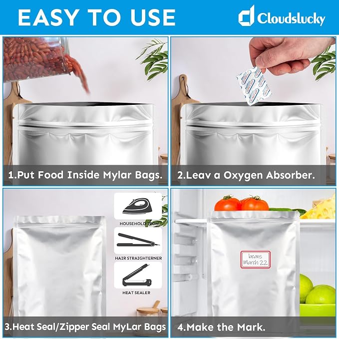 50 PCS 2 Quart Mylar Bags for Food Storage,8" x 12" Resealable Heat Seal Flat Pouches for Long Term Food Storage,Dried Food,Coffee Beans,Tea,Grains,BPA Free(No Zipper,Flat Bottom) - Image 5
